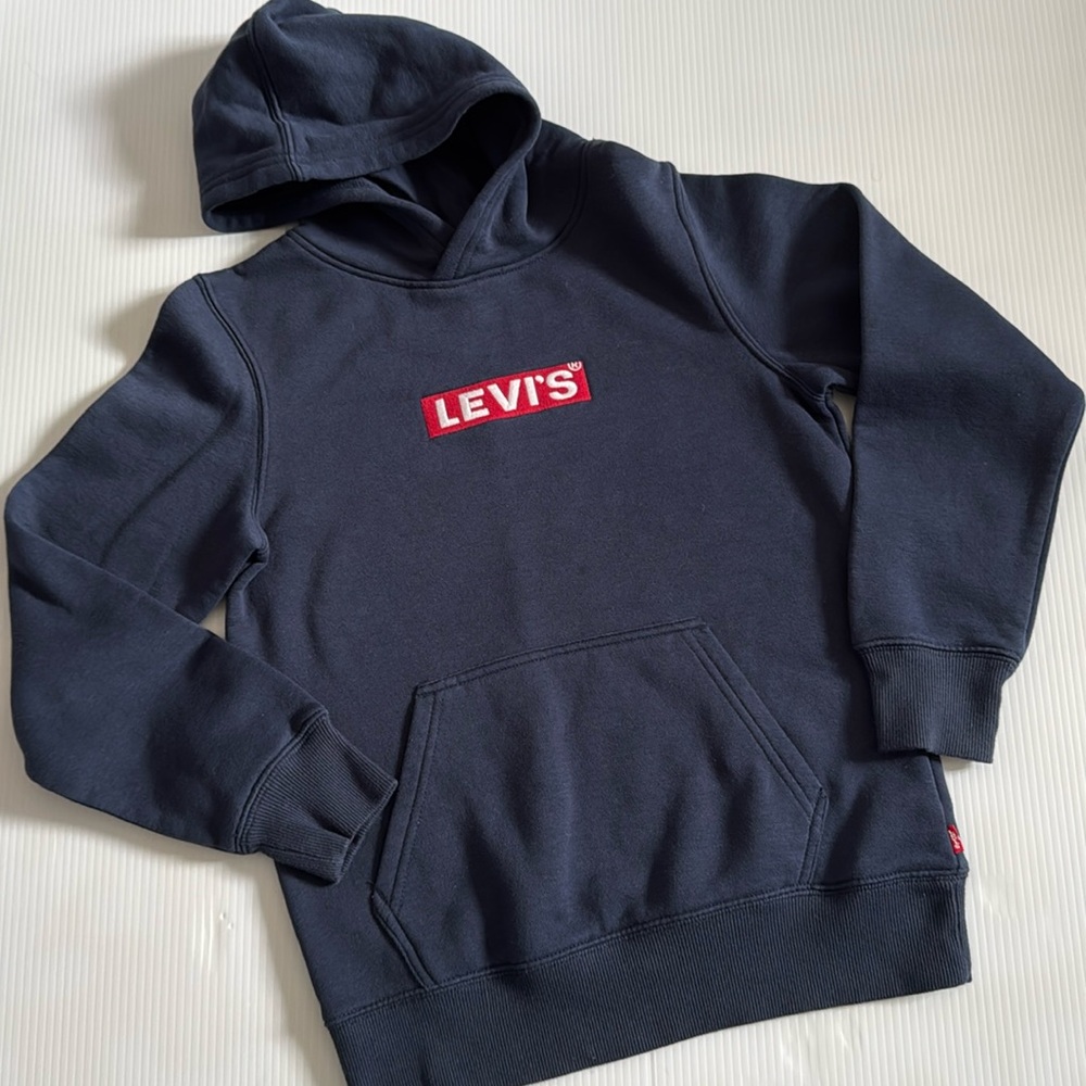 Levi’s navy blue hoodie with red Levi’s logo.  Boys size medium